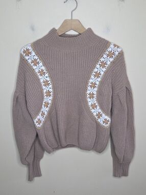Everyday Chic Boutique Tan Mockneck Sweater Balloon Sleeves Crochet Insets Boho